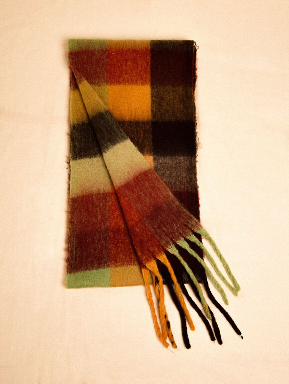 Colour Block Check Square Scarf, Brown, large