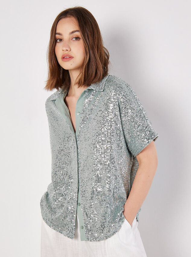 Sequin Embellished Relaxed Shirt, Mint, large