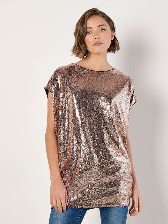 Sequin Cocoon Top, Brown, large