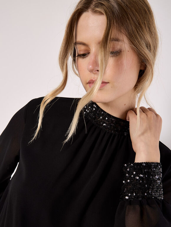 Sequin Trim Chiffon Top, Black, large