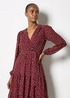 Polka Dot Chiffon Wrap Midi Dress, Burgundy, large