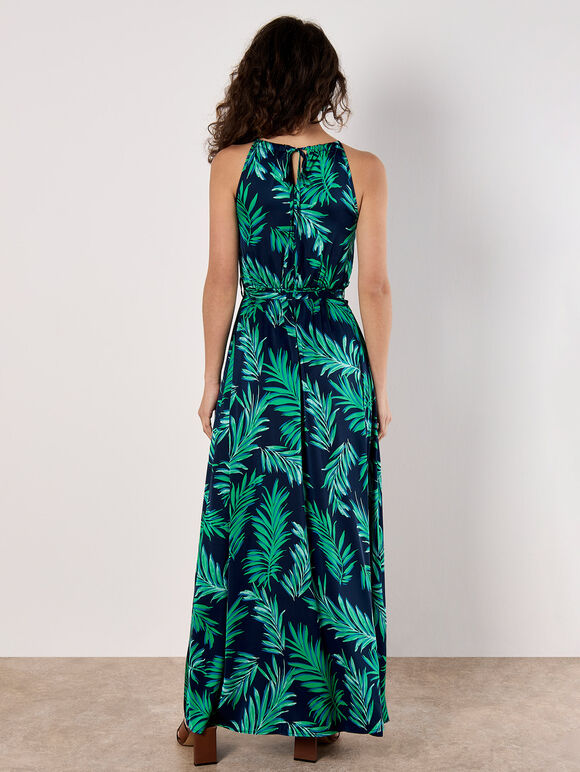 Tropical Leaf Satin Halter Neck Maxi Dress, Navy, large