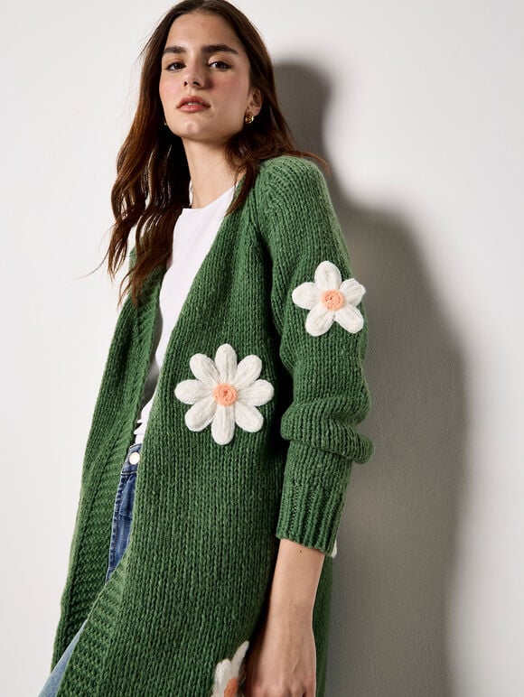 3D Daisy Chunky Knit Cardigan, Green, large