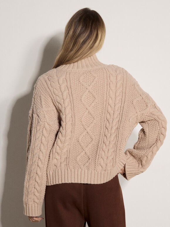 Chunky Cable Knit Cardigan, Stone, large