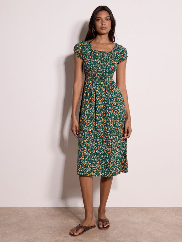 Garden Floral Milkmaid Midi Dress, Green, large