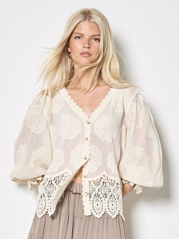Embroidered Daisies Lace Blouse, Stone, large