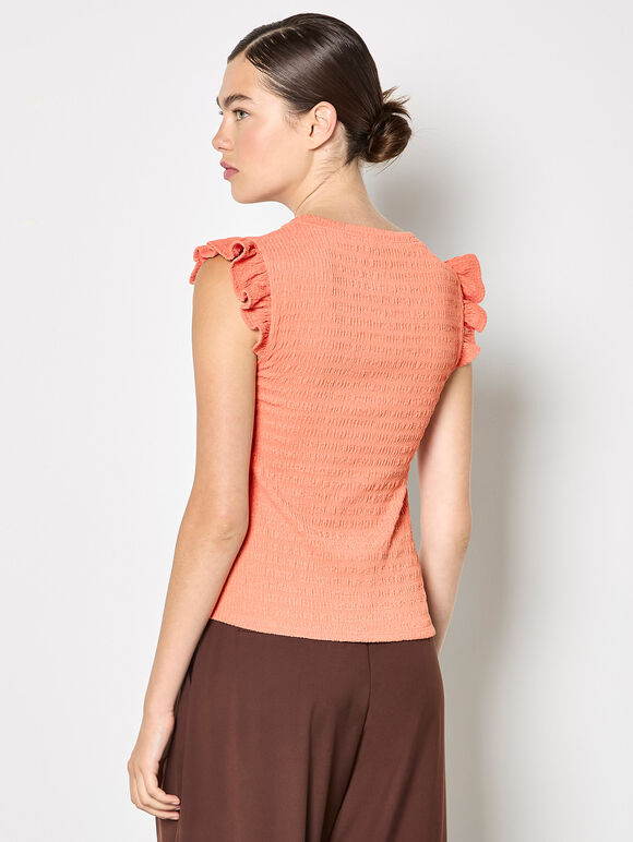 Textured Jersey Ruffle Sleeve T-Shirt, Coral, large