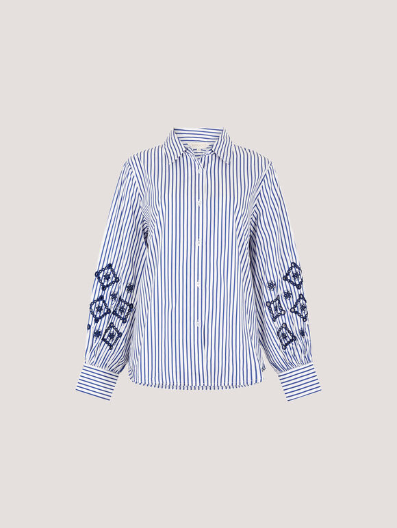 Embroidered Sleeves Stripe Shirt, Blue, large