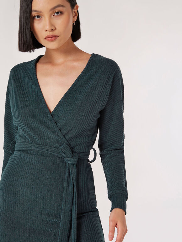 Ribbed Wrap Midi Dress, Green, large