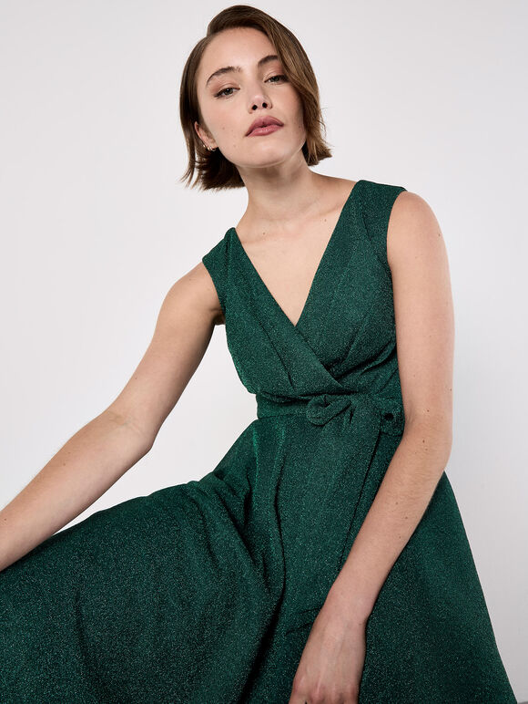 Metallic Pleat Skater Mini Dress, Green, large