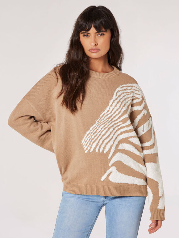 Fuzzy Zebra Stripe Oversized Jumper, Stone, large