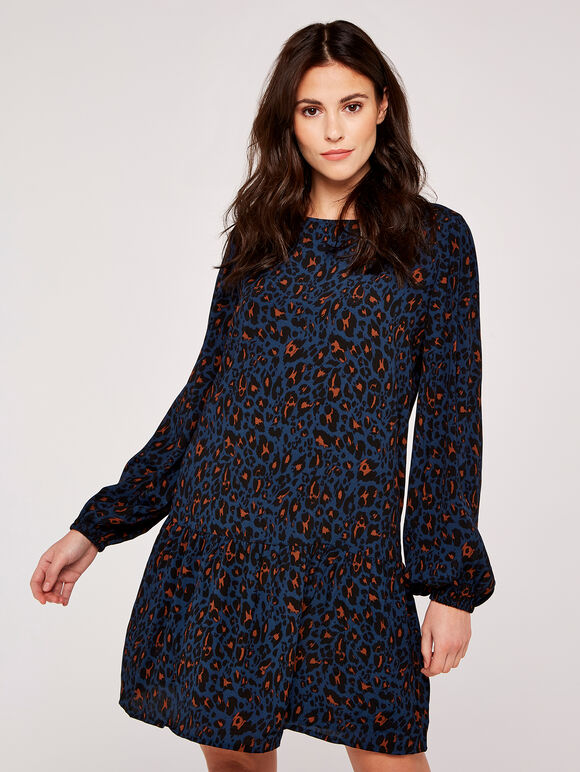 Tiered Babydoll Crew Neck Dress, Navy, large