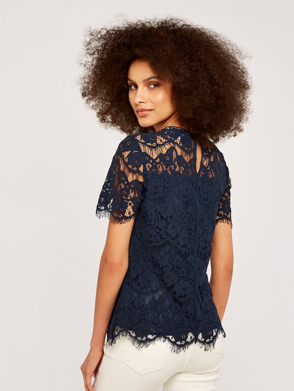  Lace Scallop Edge Top, Navy, large