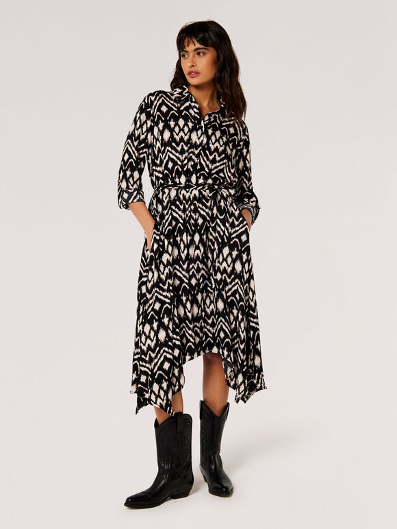 Ikat Shirt Midi Dress, Black, large