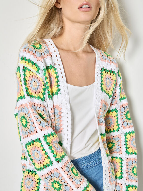 Pastel Floral Crochet Cardigan, Yellow, large