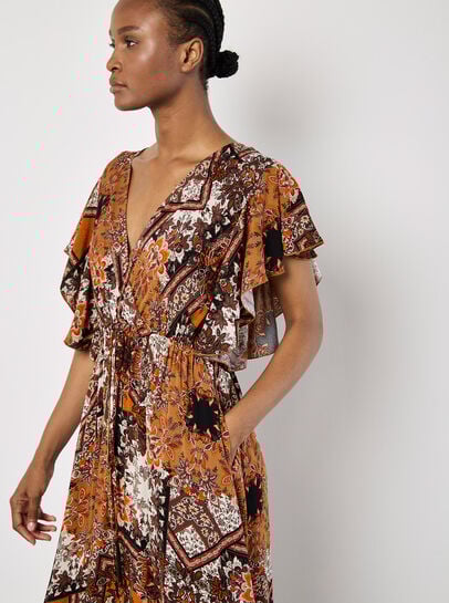 Patchwork Ruffle Tiered Midi Dress