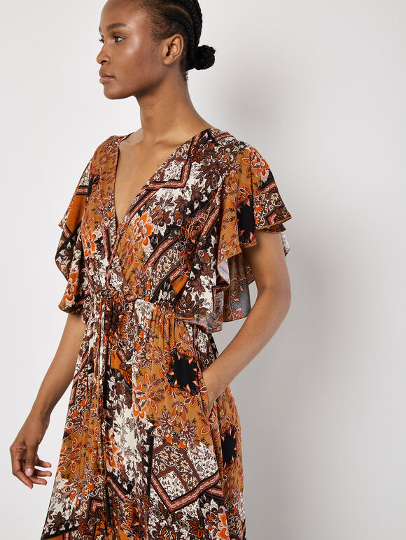 Patchwork Ruffle Tiered Midi Dress, Orange, large