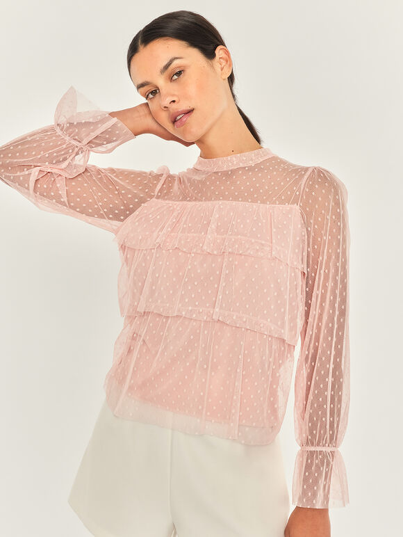 Dobby Mesh Layer Tier Top, Pink, large