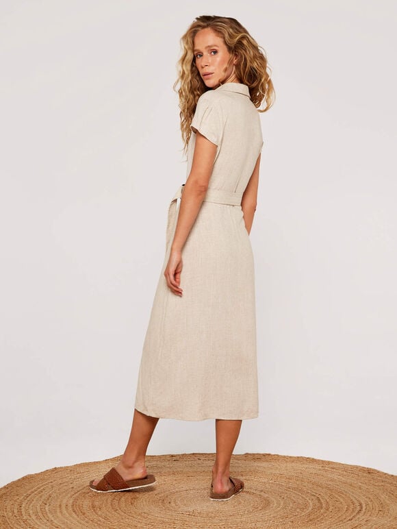 Linen Blend Belted Shirt Midi Dress, Stone, large