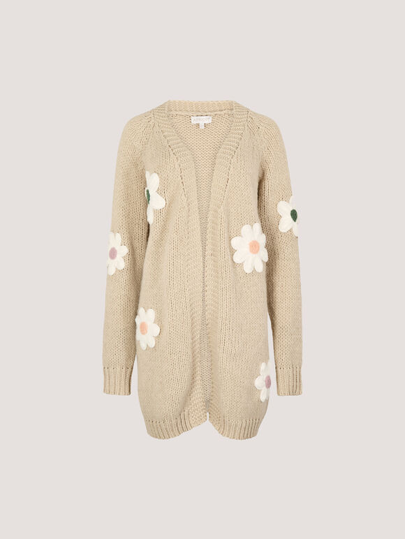 3D Daisy Chunky Knit Cardigan, Stone, large
