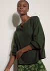 Waffle Knit Button Neck Top, Green, large