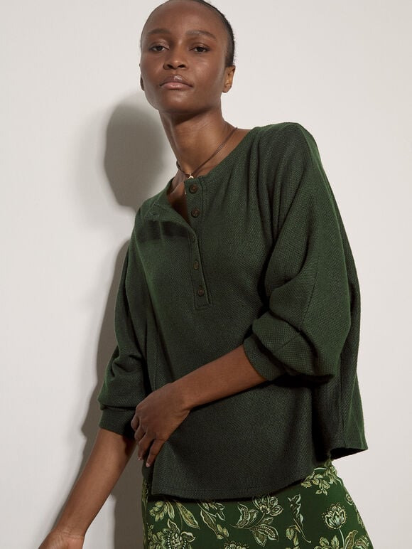 Waffle Knit Button Neck Top, Green, large