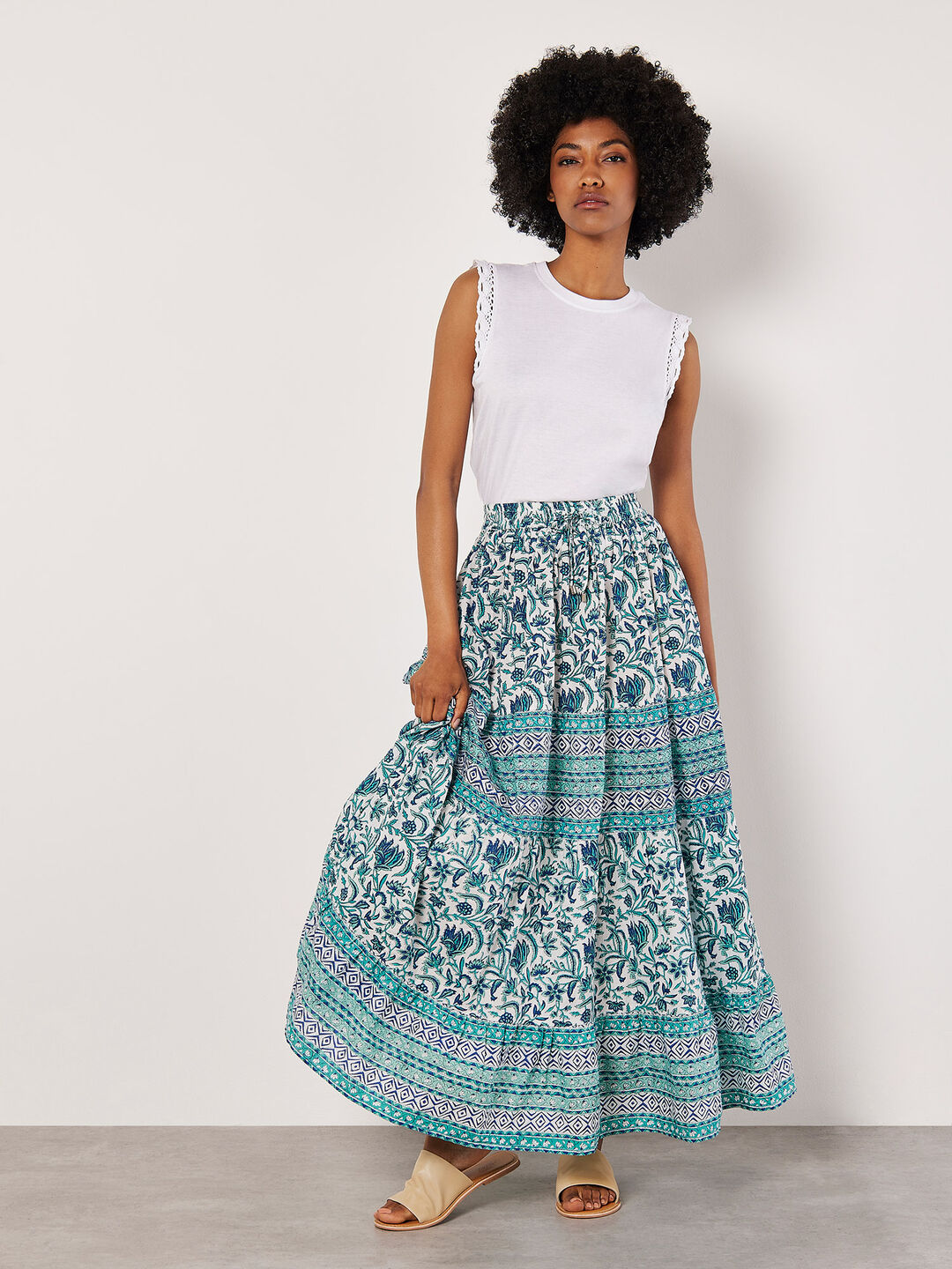 Floral Vine Cotton Tiered Maxi Skirt