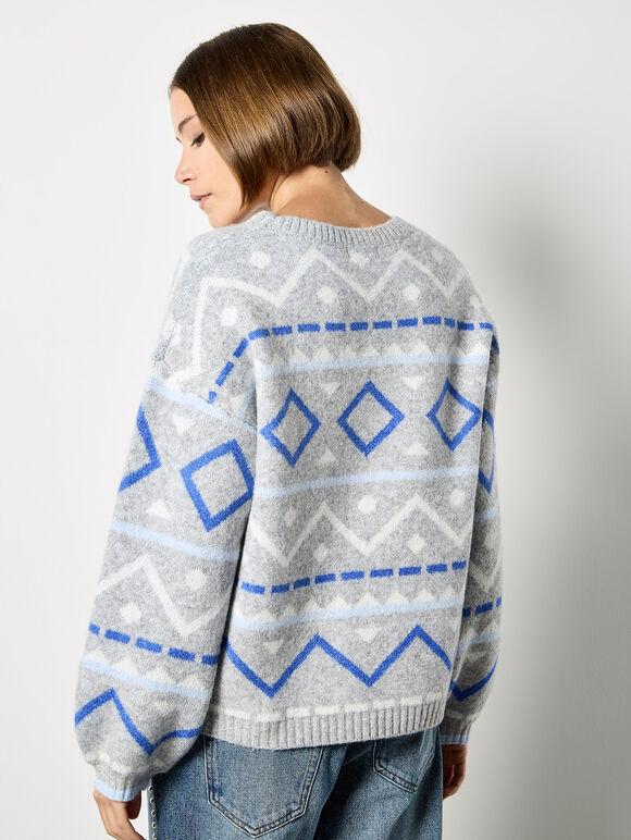 Chevron Geometric Retro Jumper, Blue, large