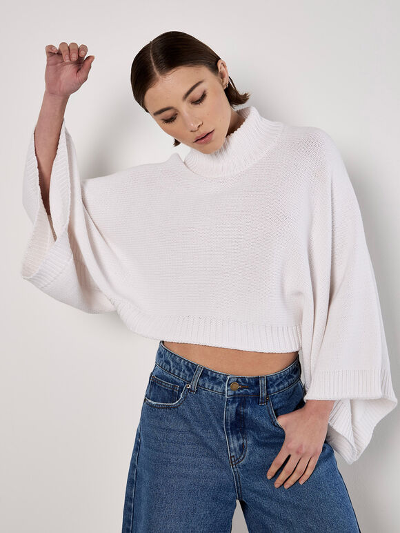 Mock Neck Cape Jumper, White, large