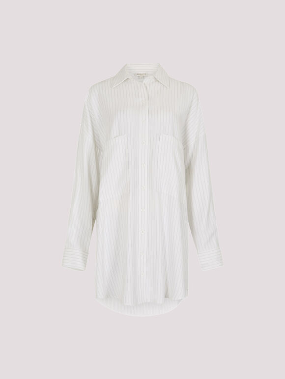 Pinstripe Oversized Shirt Mini Dress, White, large