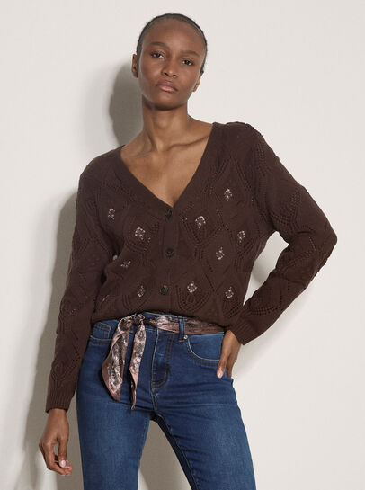 Pointelle Diamond Floral Cotton-Blend Cardigan