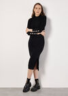 Ribbed Knit Gold Button Midi Dress, Black, large