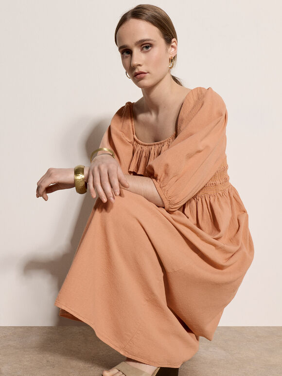 Ruffle Cotton Milkmaid Midi Dress, Peach, large