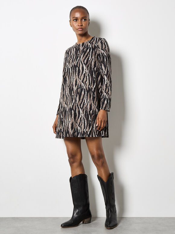 Zebra Knit Swing Mini Dress, Stone, large