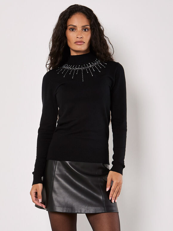 Rhinestone Gem Embellished Jumper, Black, large