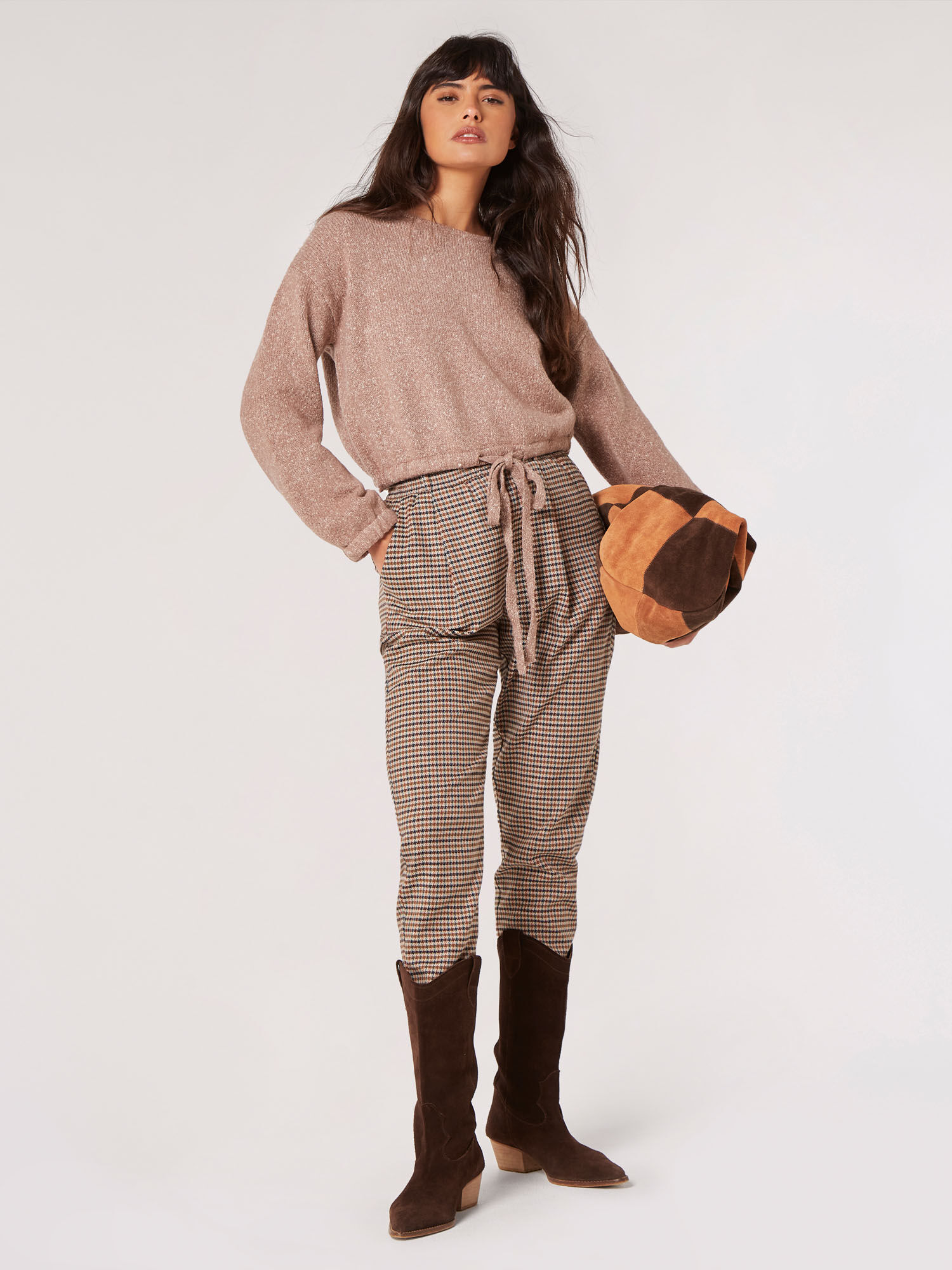 Cropped Boucle Knit Drawstring Jumper Apricot Clothing