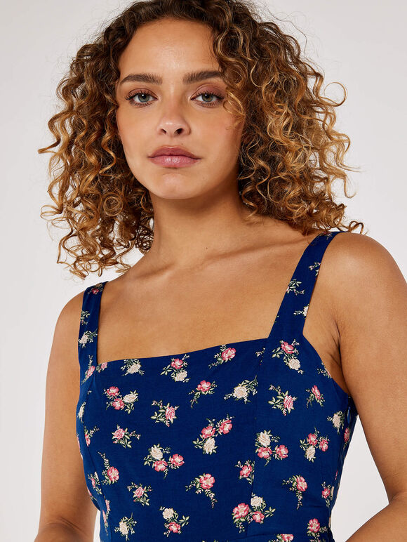 Floral Split Sun Midi Dress, Blue, large