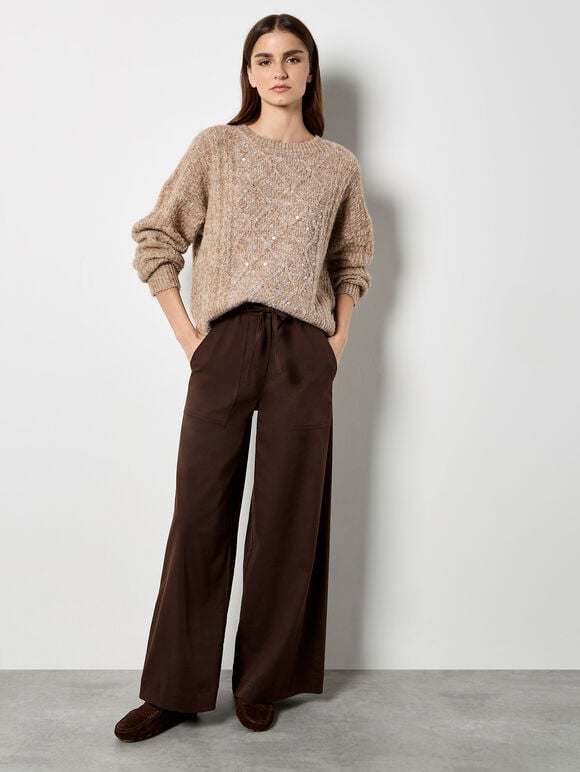 Iridescent Sequin Cable Knit Jumper, Brown, large