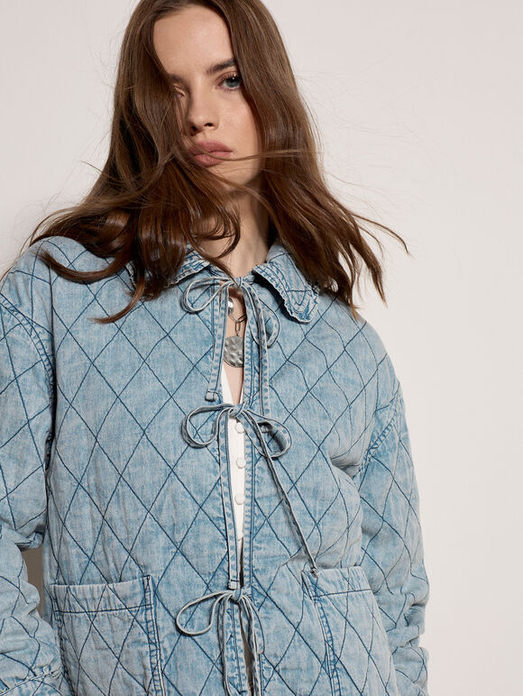 Cotton Denim Quilted Jacket, Blue, large