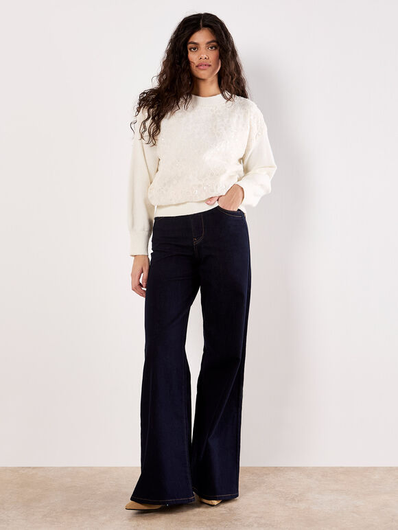 Sequin Embroidered Floral Panel Jumper, Cream, large
