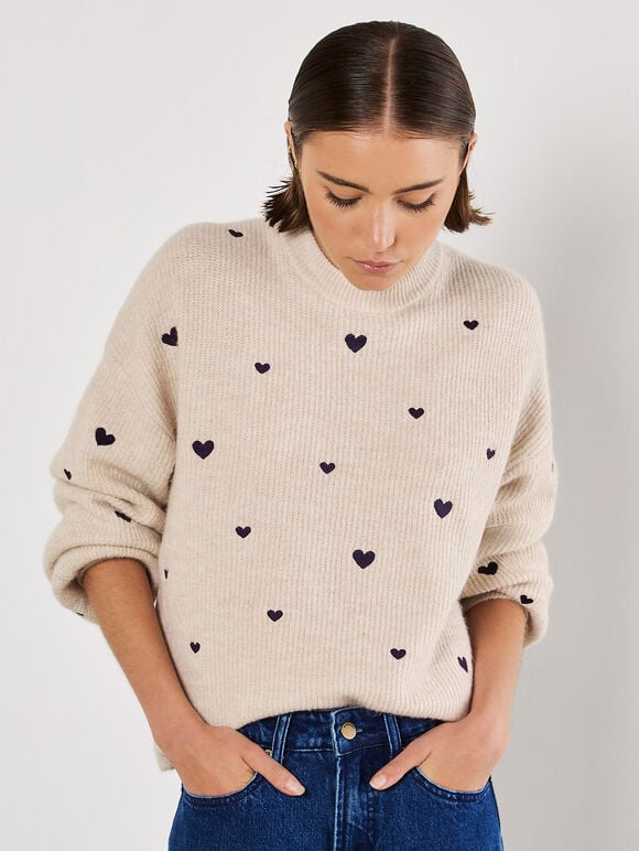 Embroidered Heart Jumper, Stone, large