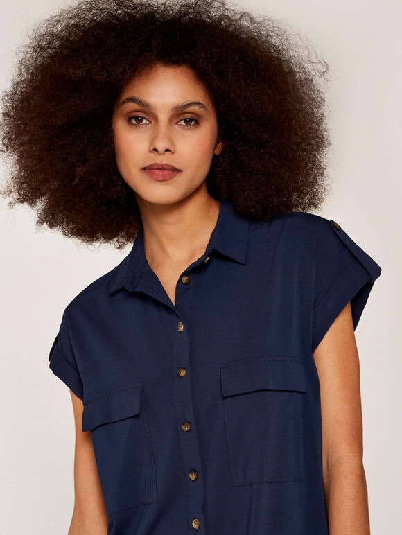 Sleeveless Shirt Mini Dress, Navy, large