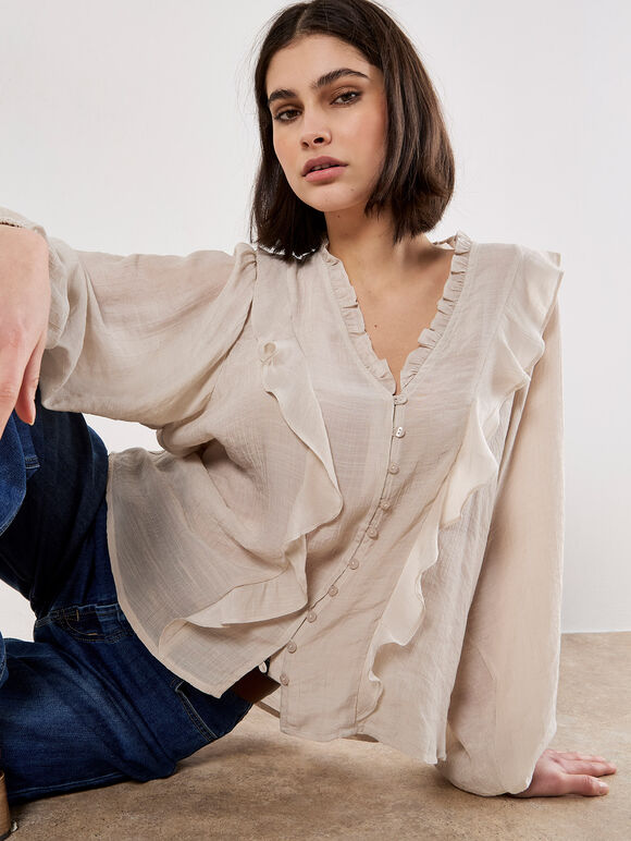 Lightweight Ruffle Blouse, Stone, large