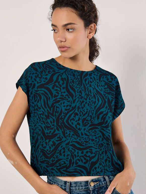 Mixed Animal Textured Cropped T-Shirt, Teal, large