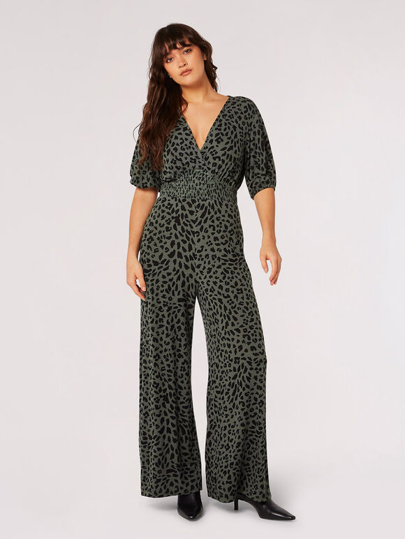 Cheetah Print Jersey Jumpsuit, Khaki, large