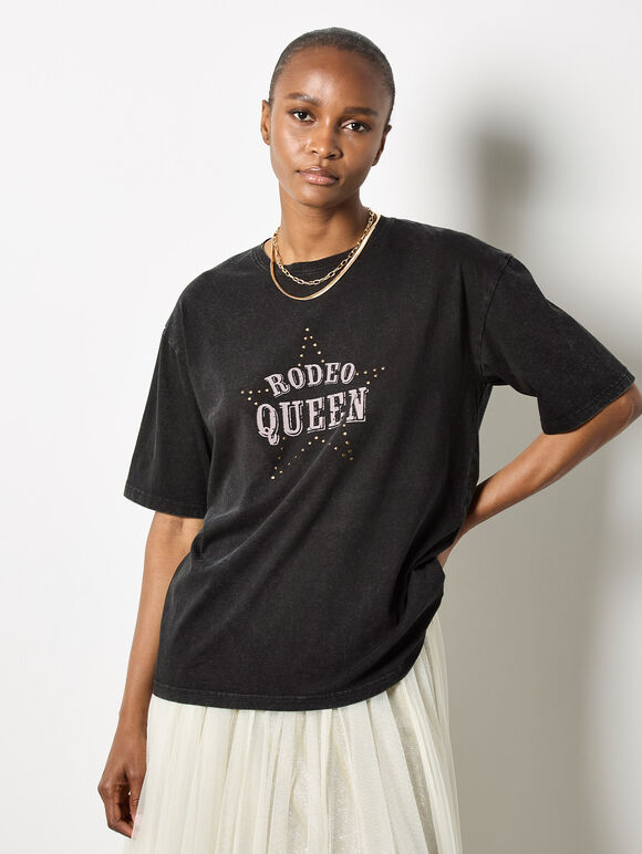 Rodeo Queen Stud Cotton T-Shirt, Black, large