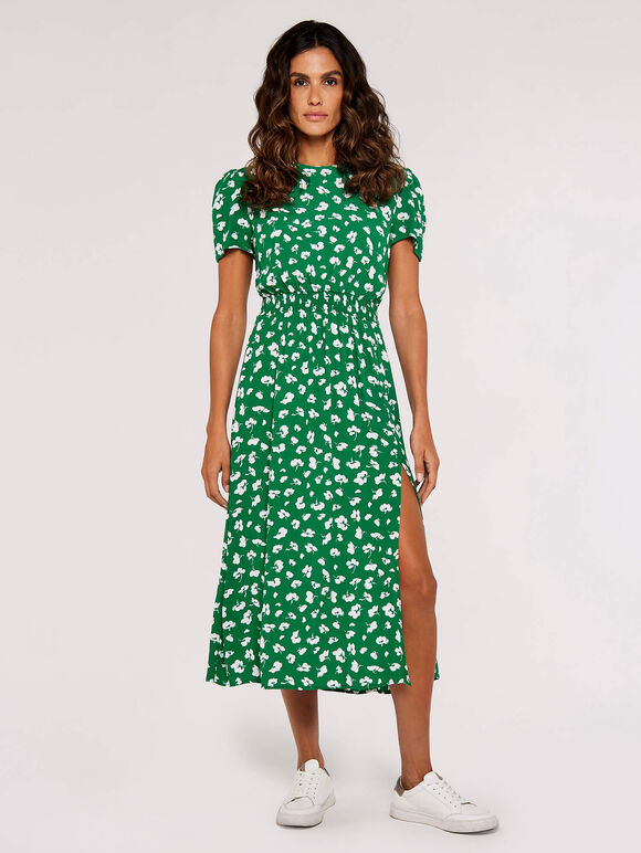 Floral Split Midi Dress, Green, large