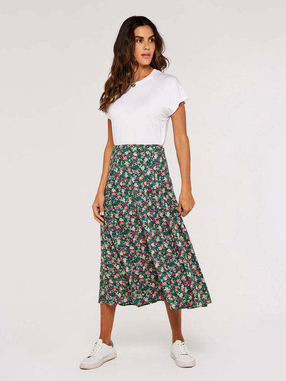 Ditsy Floral Print Midi Skirt, Green, large