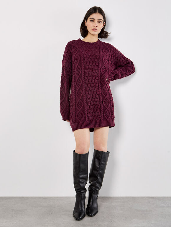 Cable Knit Oversized Jumper Mini Dress, Burgundy, large