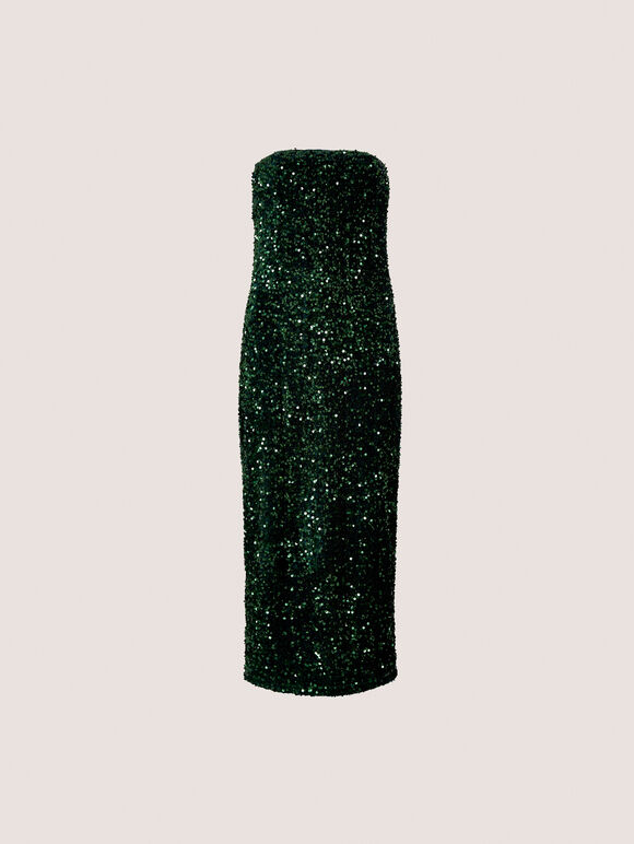 Sequin Bandeau Velvet Bodycon Midi Dress, Green, large